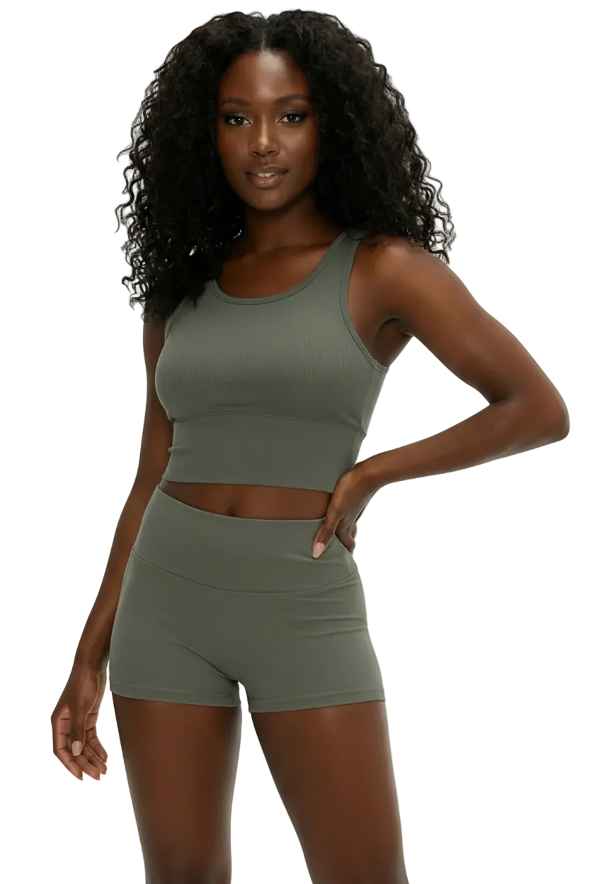 Ribbed Shorts in Stone — high-rise ribbed gym shorts for women