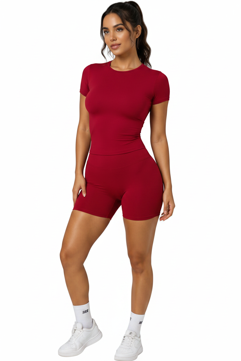Compression Gym Tee in Cherry — seamless sculpting workout tee