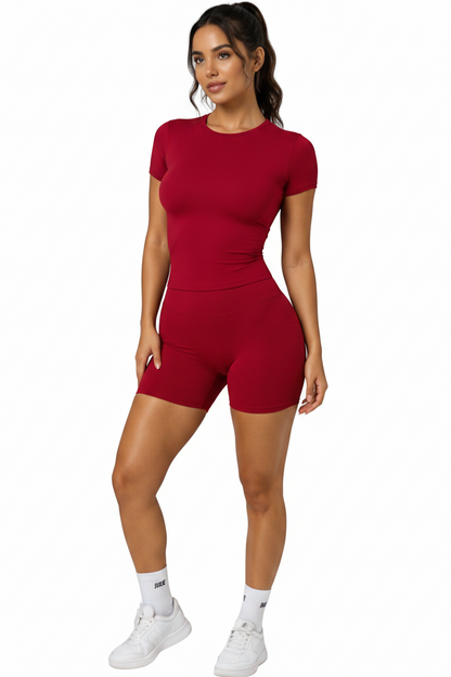 Compression Gym Tee in Cherry — seamless sculpting workout tee