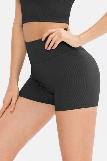 Wide waistband high waisted workout shorts for women