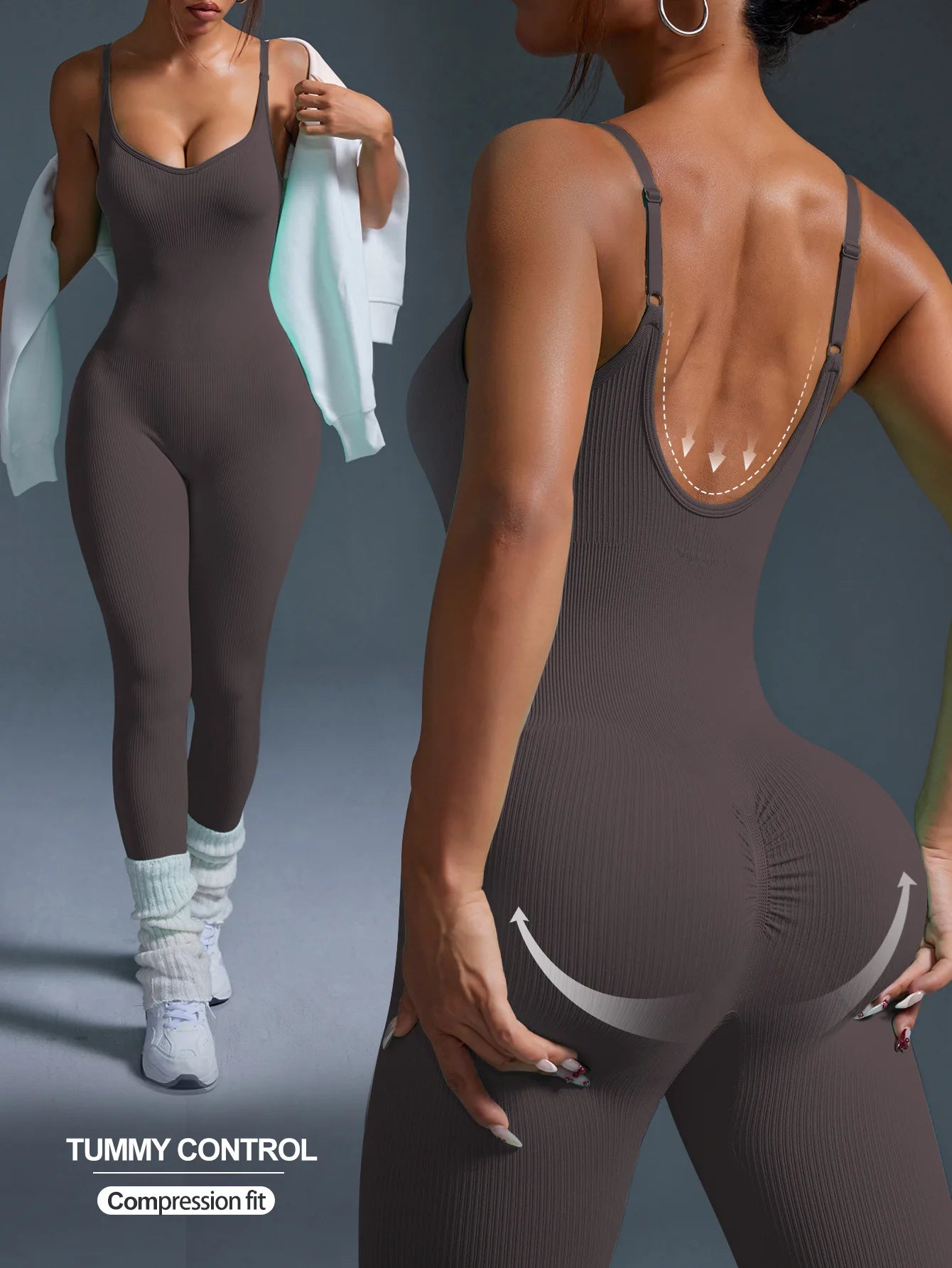 Seamless ribbed push-up workout jumpsuit for women