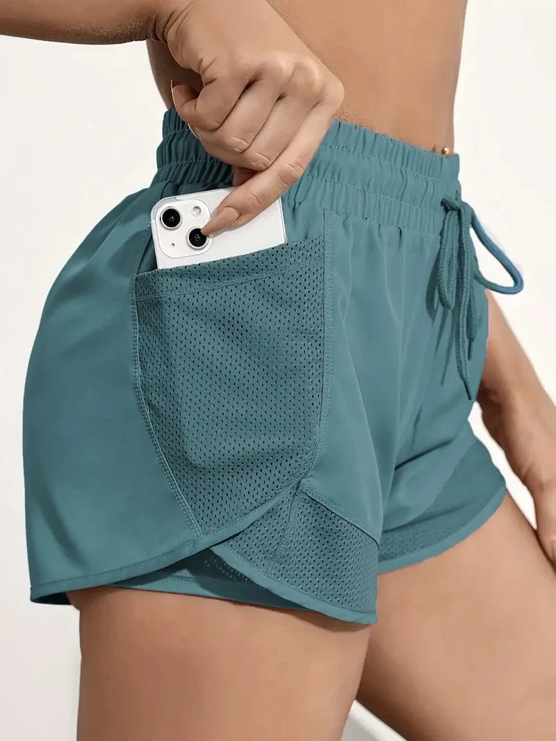2-in-1 sports shorts with pockets and built-in leggings for women
