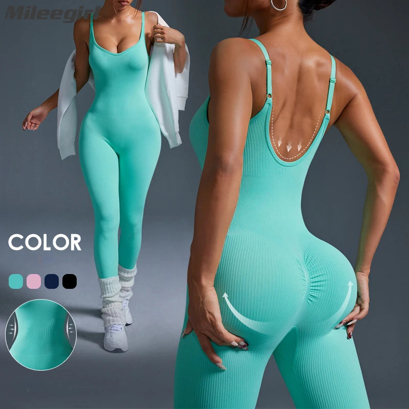 Seamless ribbed push-up workout jumpsuit for women