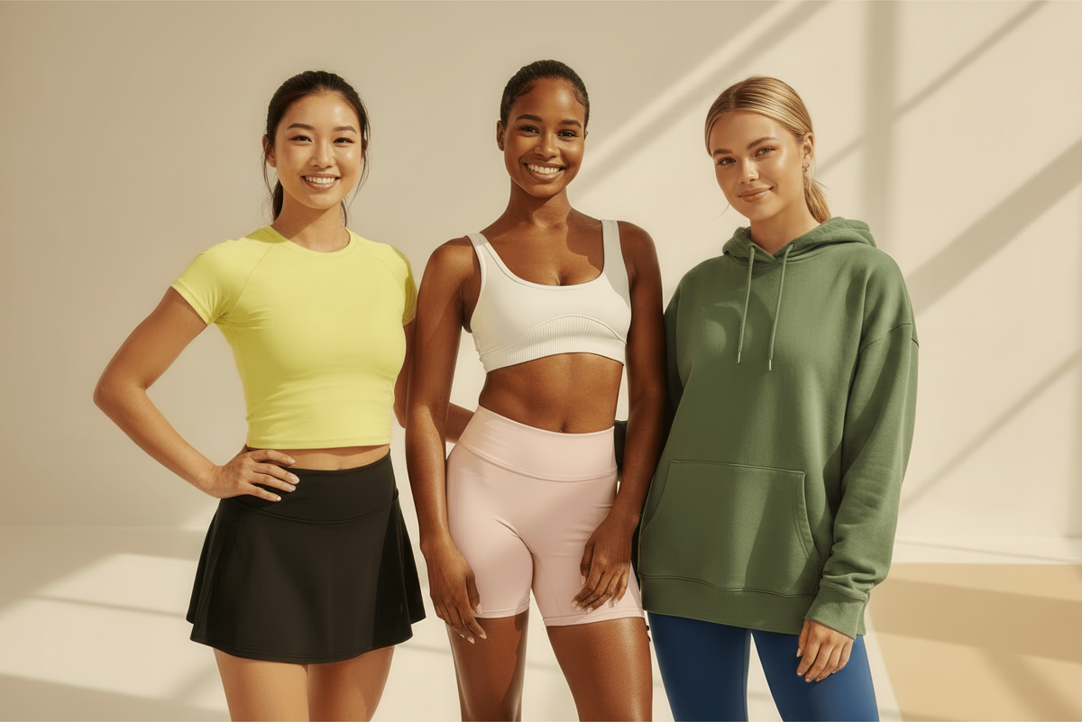 Three women standing together in activewear, wearing a yellow crop top and black skirt, a white sports bra and light pink shorts, and a sage green hoodie and blue leggings, against a warm beige background with soft window shadows.