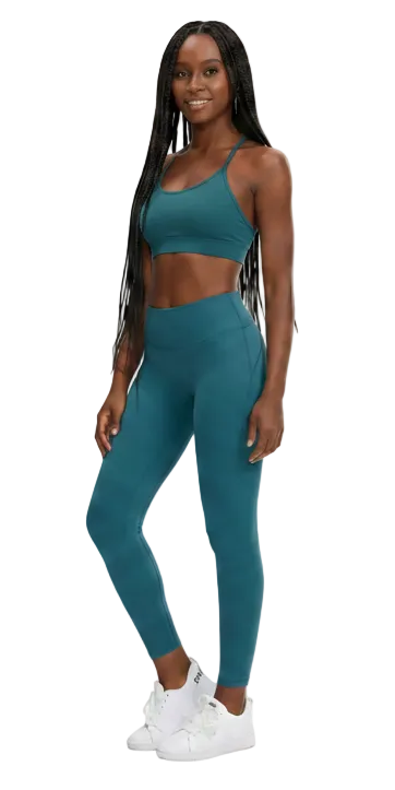High-Waisted Leggings in Teal — wide-waistband slim-fit workout leggings