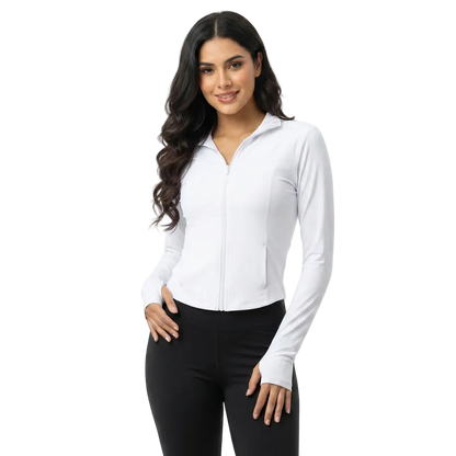 Sport Jacket in White — lightweight hooded zip-up jacket for women