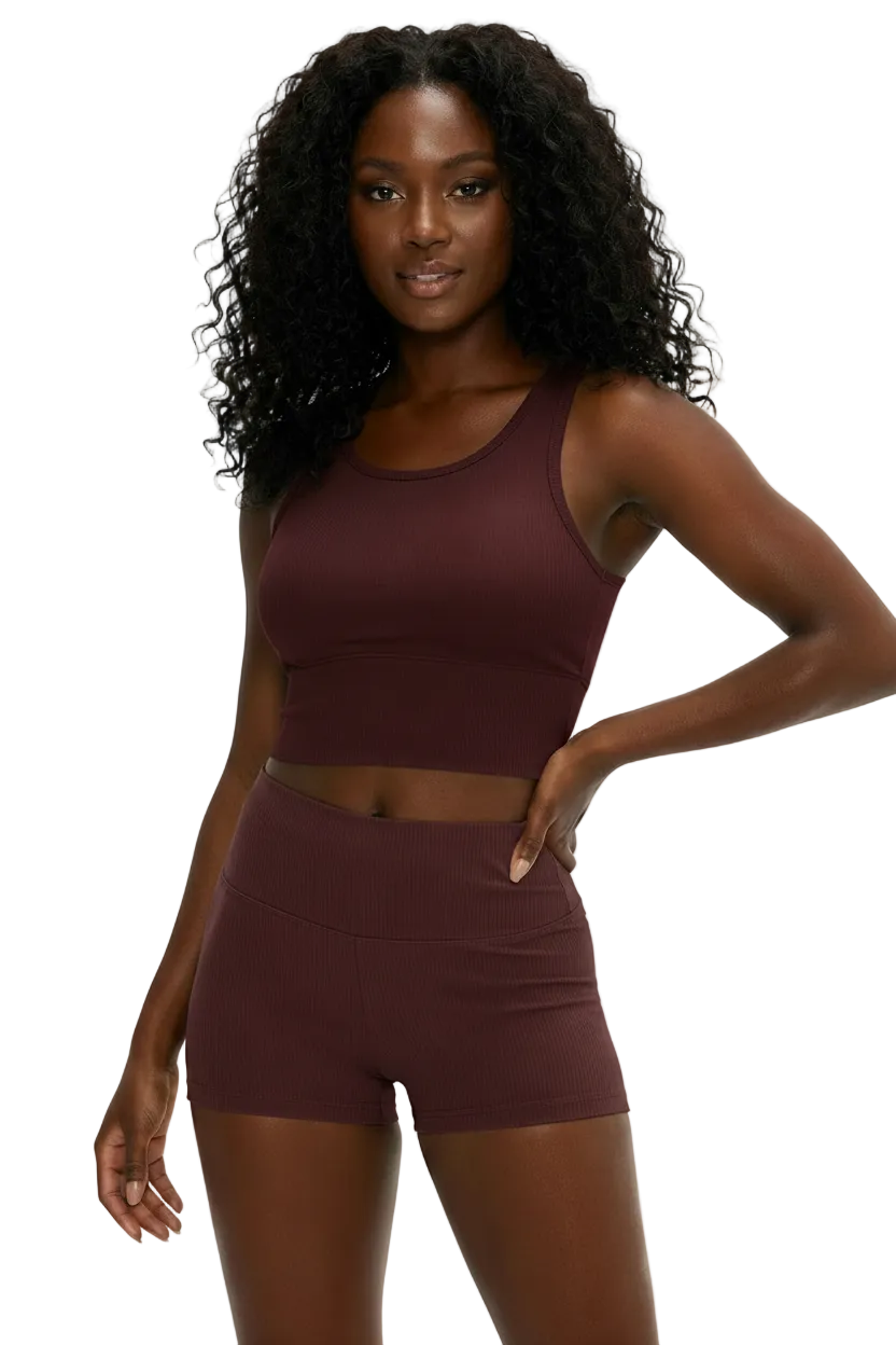 Ribbed Shorts in Burgundy — high-rise ribbed gym shorts for women
