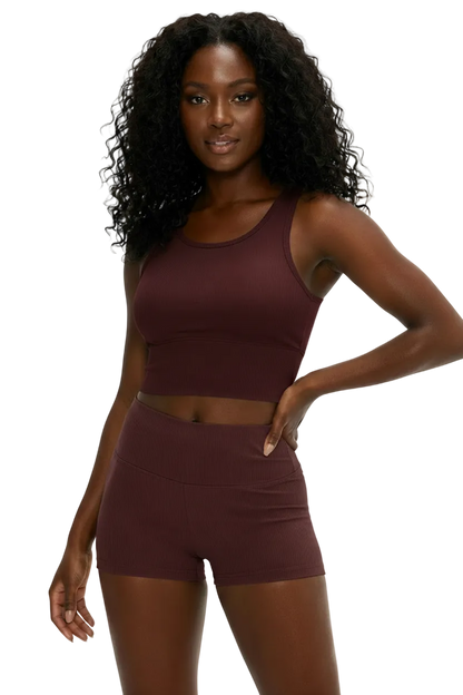 Ribbed Shorts in Burgundy — high-rise ribbed gym shorts for women