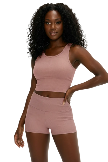 Ribbed Shorts in Pale Pink — high-rise ribbed gym shorts for women
