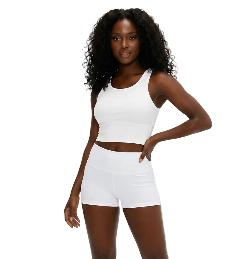 Ribbed Shorts in White — high-rise ribbed gym shorts for women