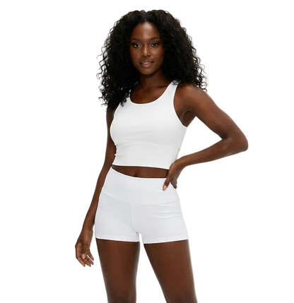 Ribbed Shorts in White — high-rise ribbed gym shorts for women