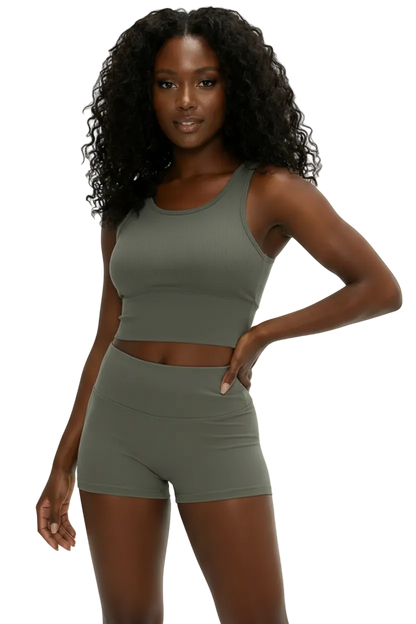 Ribbed Shorts in Stone — high-rise ribbed gym shorts for women