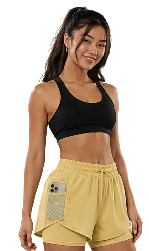 Gym shorts over leggings with deep side pockets