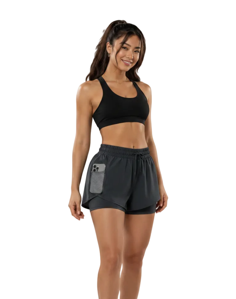 Cheri's Collection Pocket Shorts — 2-in-1 gym shorts with built-in leggings and side pockets