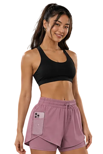 2-in-1 gym shorts with real side pockets, side view