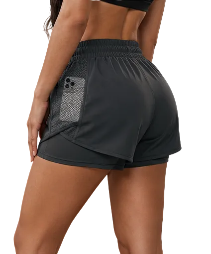 2-in-1 workout shorts with built-in leggings, back view