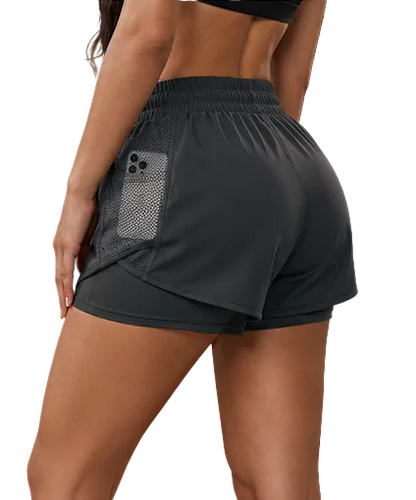 2-in-1 workout shorts with built-in leggings, back view